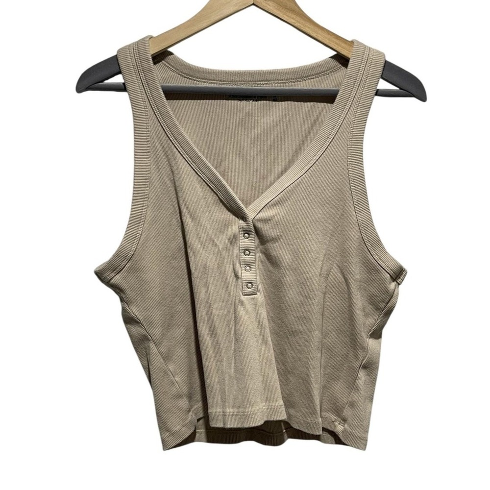 Abercrombie & Fitch Womens XL Ribbed Henley Tank Beige Y2K 90s Minimal EUC